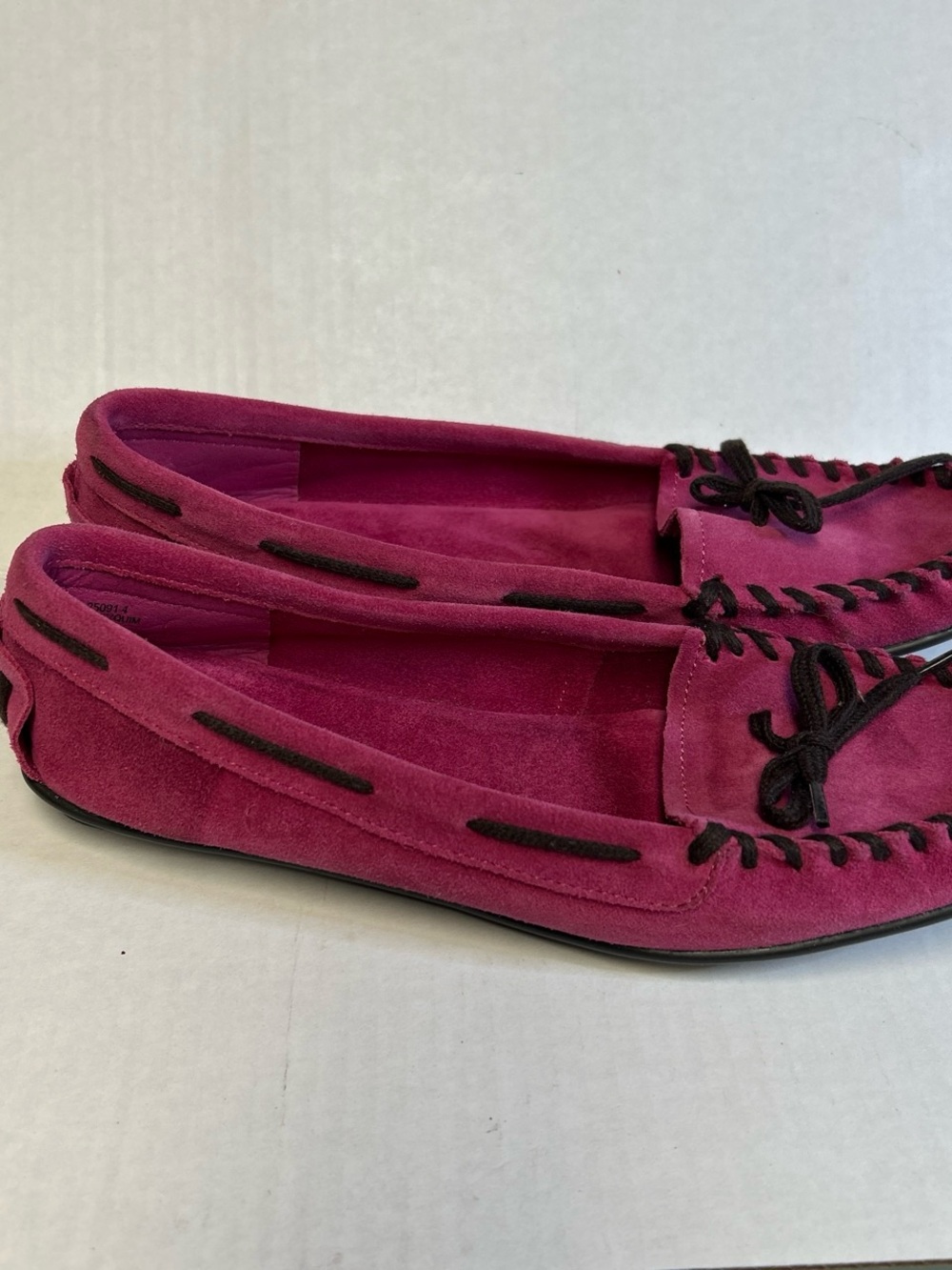 White Mountain Suede Moccasin Loafers in Magenta with Black Trim